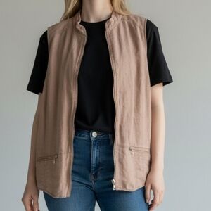 100% Linen Sleeveless Tan Zip-Up Vest